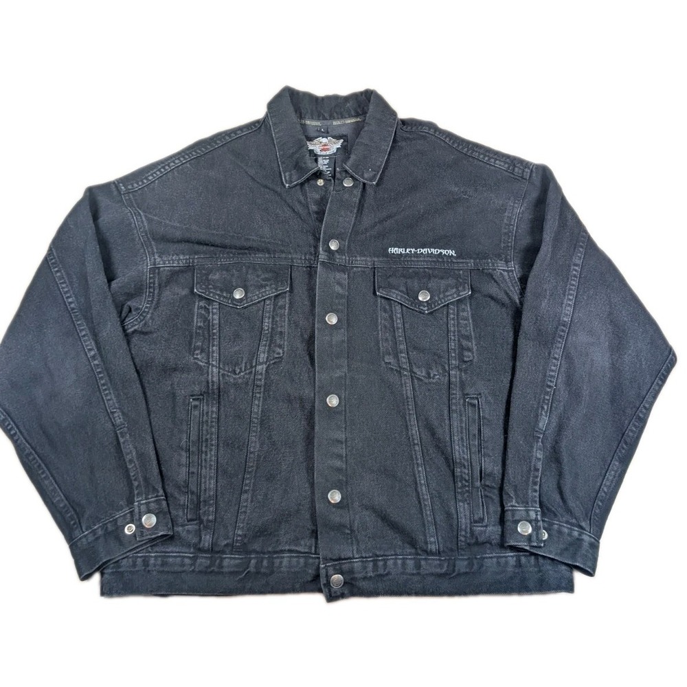 Vintage Y2K Harley Davidson Denim Jean Jacket Mens Large Black Embossed Eagle